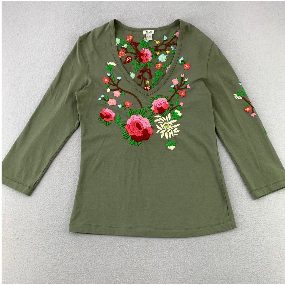 VTG Y2K ELAM Floral Embroidered V-Neck Top Women XL Green 3/4 Sleeve Cotton Boho